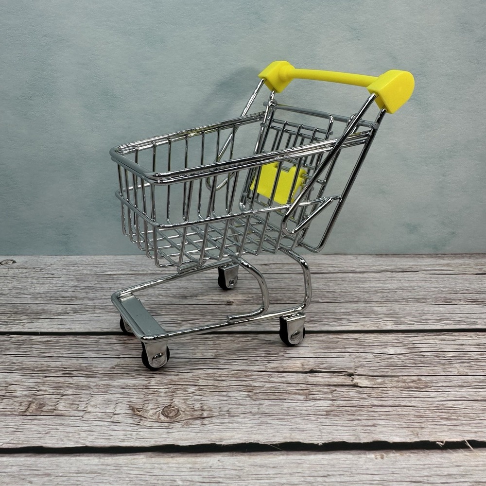 Mini Metal Replica Grocery Store Shopping Cart Yellow Rolling Wheels Doll House‎